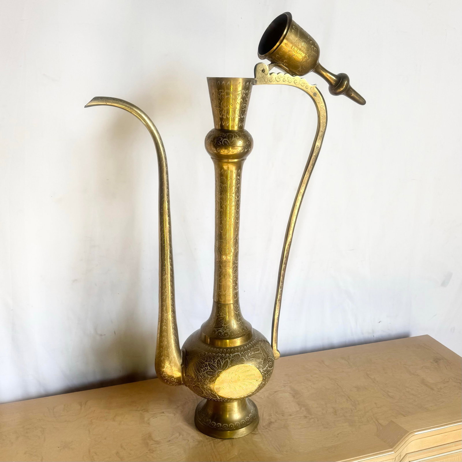 Mid 20th Century Moorish Etched Brass Pitcher/Ewer/Aftaba/Surahi - 12