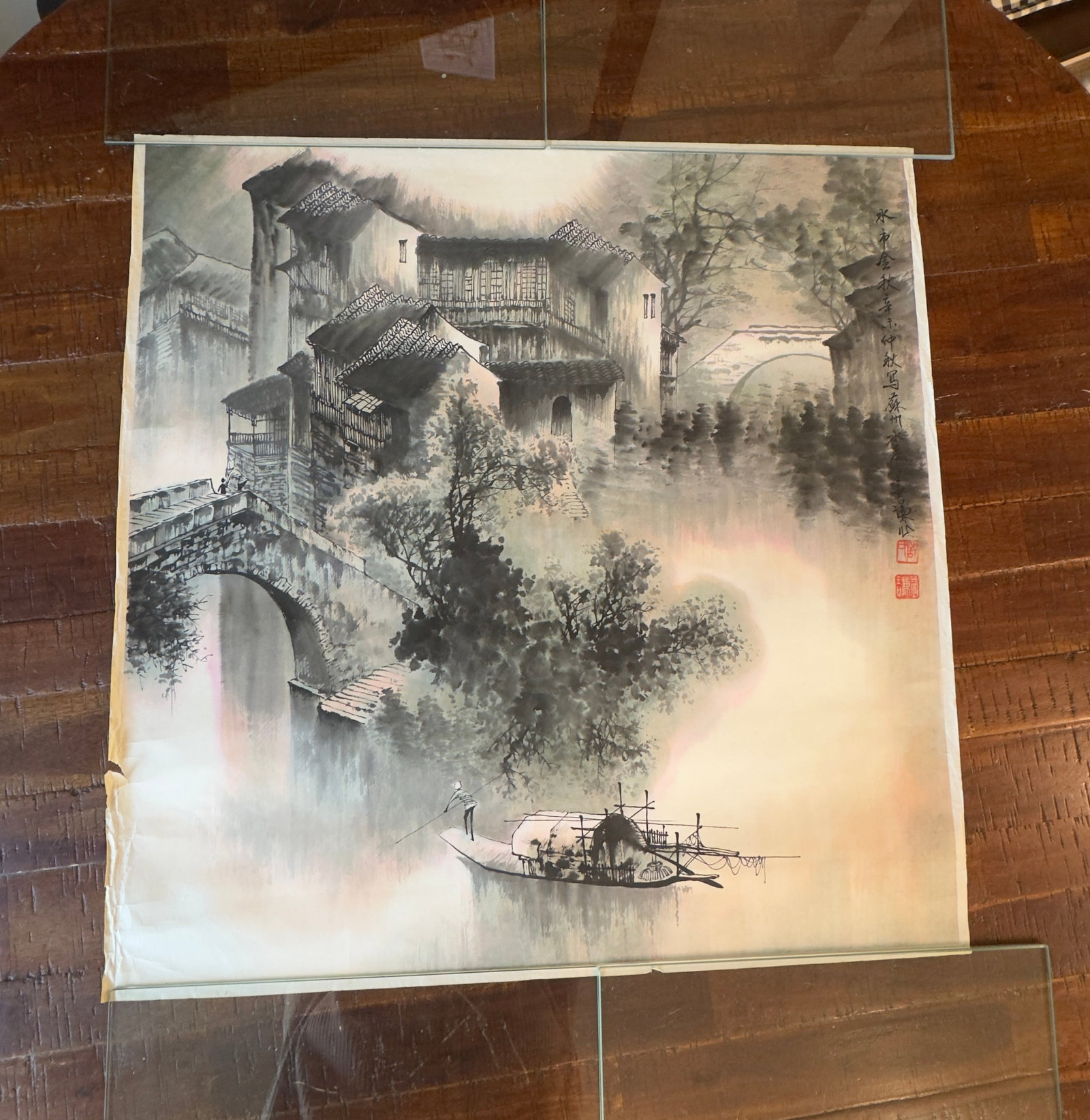 Traditional Chinese Ink Wash Scroll Painting ( Shui Mo Hua ) Village Scene , Signed - 5