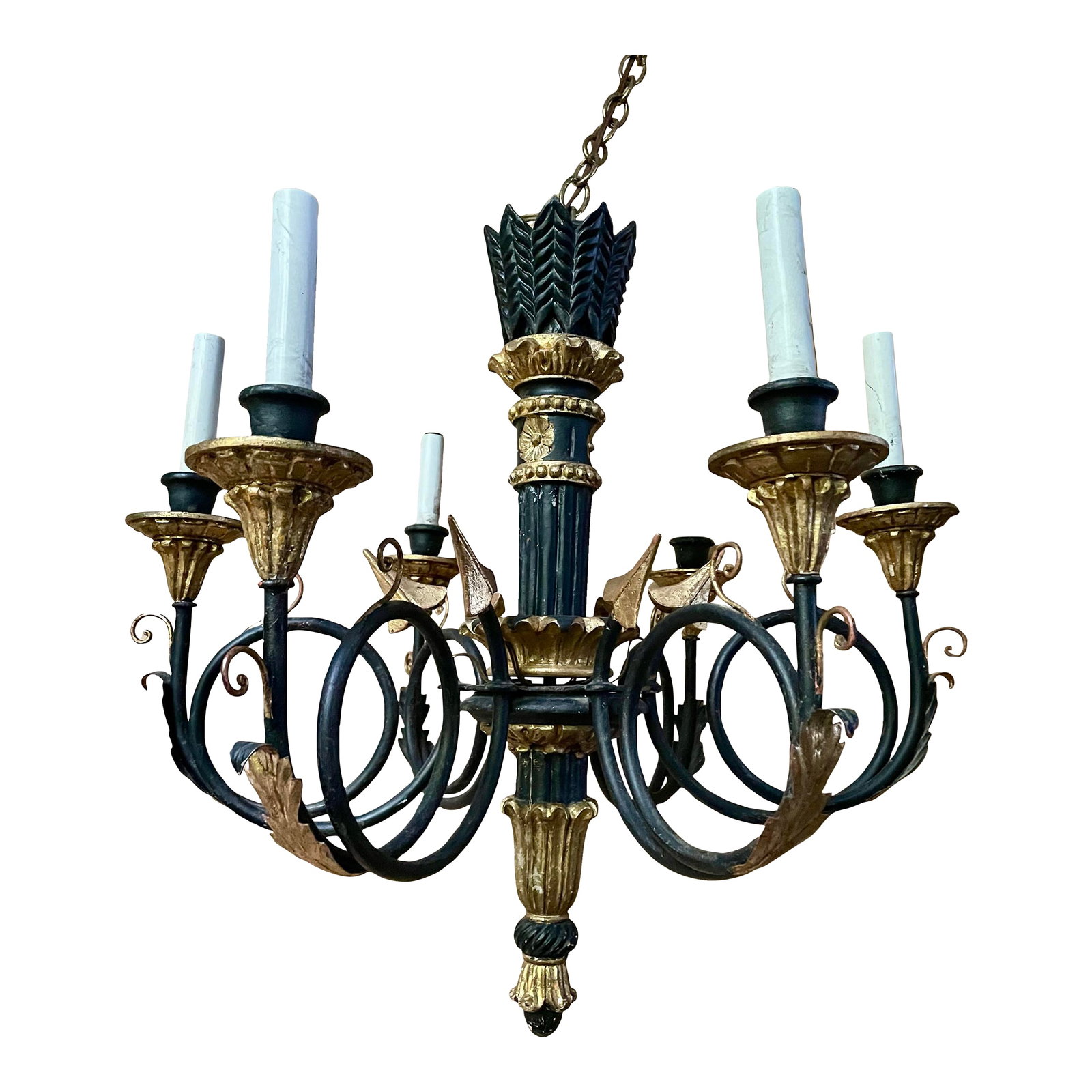Mid 20th Century Neoclassic Arrow Italian Hand Carved Black Gold Painted Wood 6 Light Chandelier: This is a wonderful neoclassic style hand carved wooden chandelier with arrows that start at the top with carved wood feathers gathered together by ornamental decorations and continuing down to the
