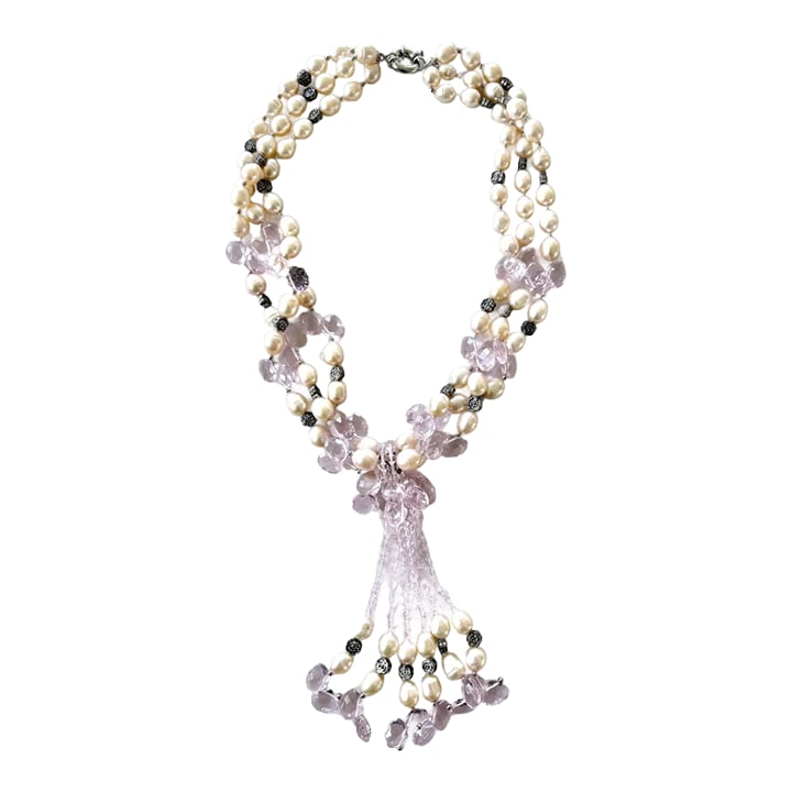 1980s Freshwater Pearl and Pink Crystal Beaded Necklace With Silver Accents- 20": A uniquely designed freshwater pearl necklace inclusive of gorgeous pink crystal detailing and silver metal flower spacers. This necklace sits high on the chest, allowing the tassel portion to drape o