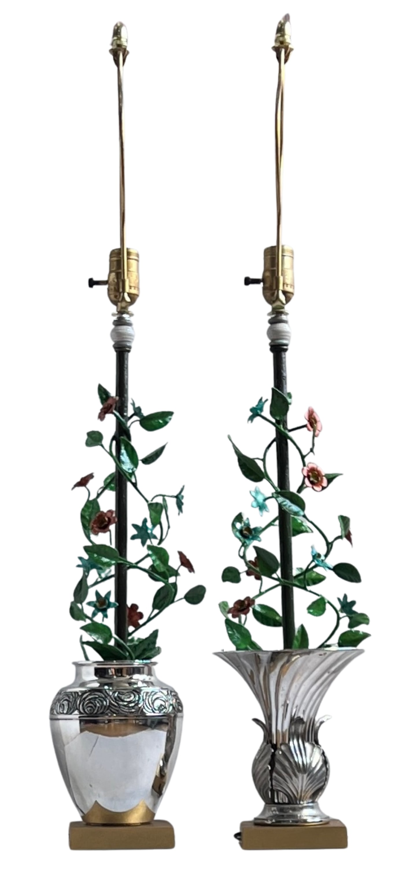 Vintage Tole Floral Topiary Silver Plate Cache Pot Table Lamp - A Pair - 14