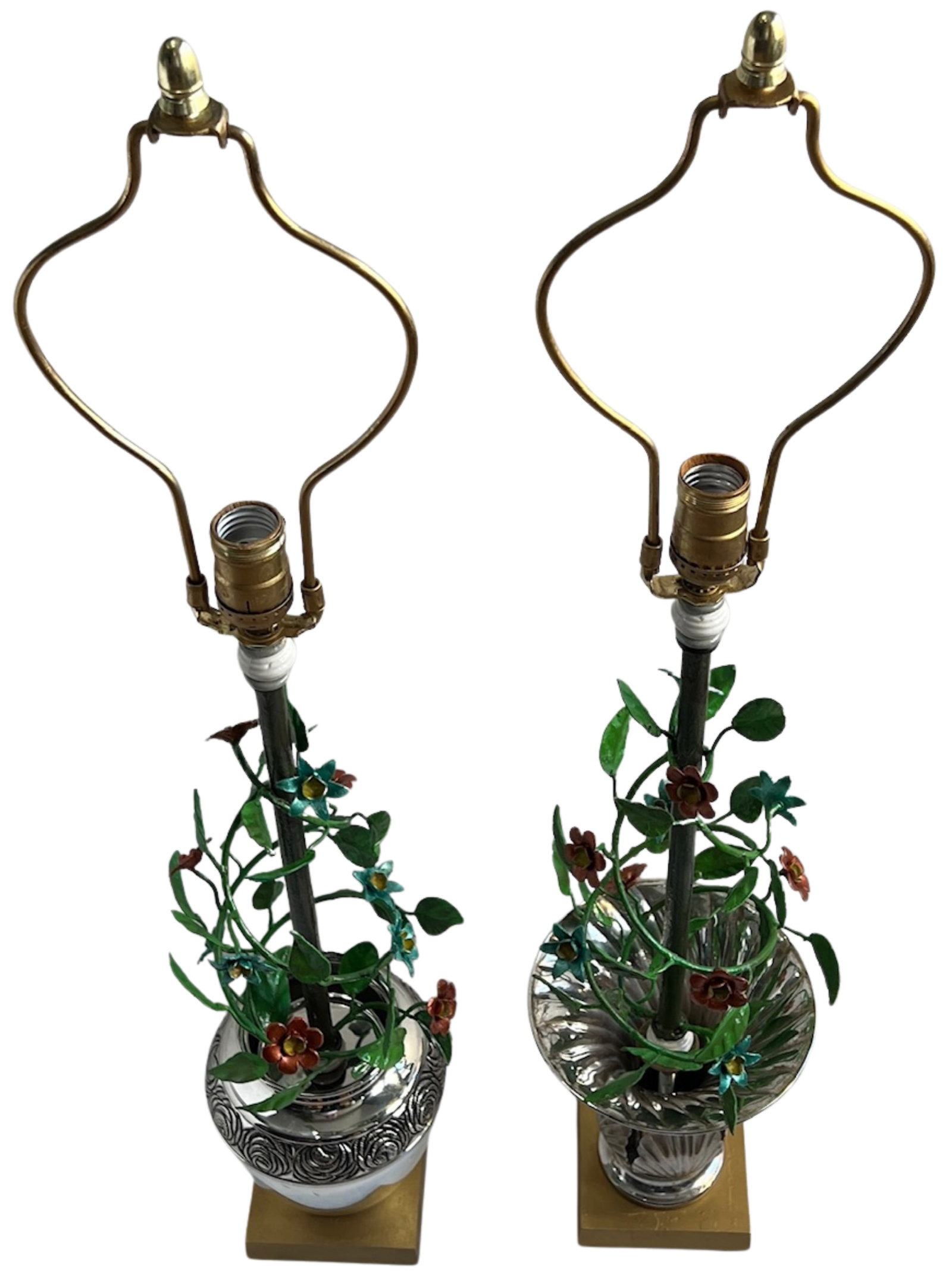 Vintage Tole Floral Topiary Silver Plate Cache Pot Table Lamp - A Pair - 17