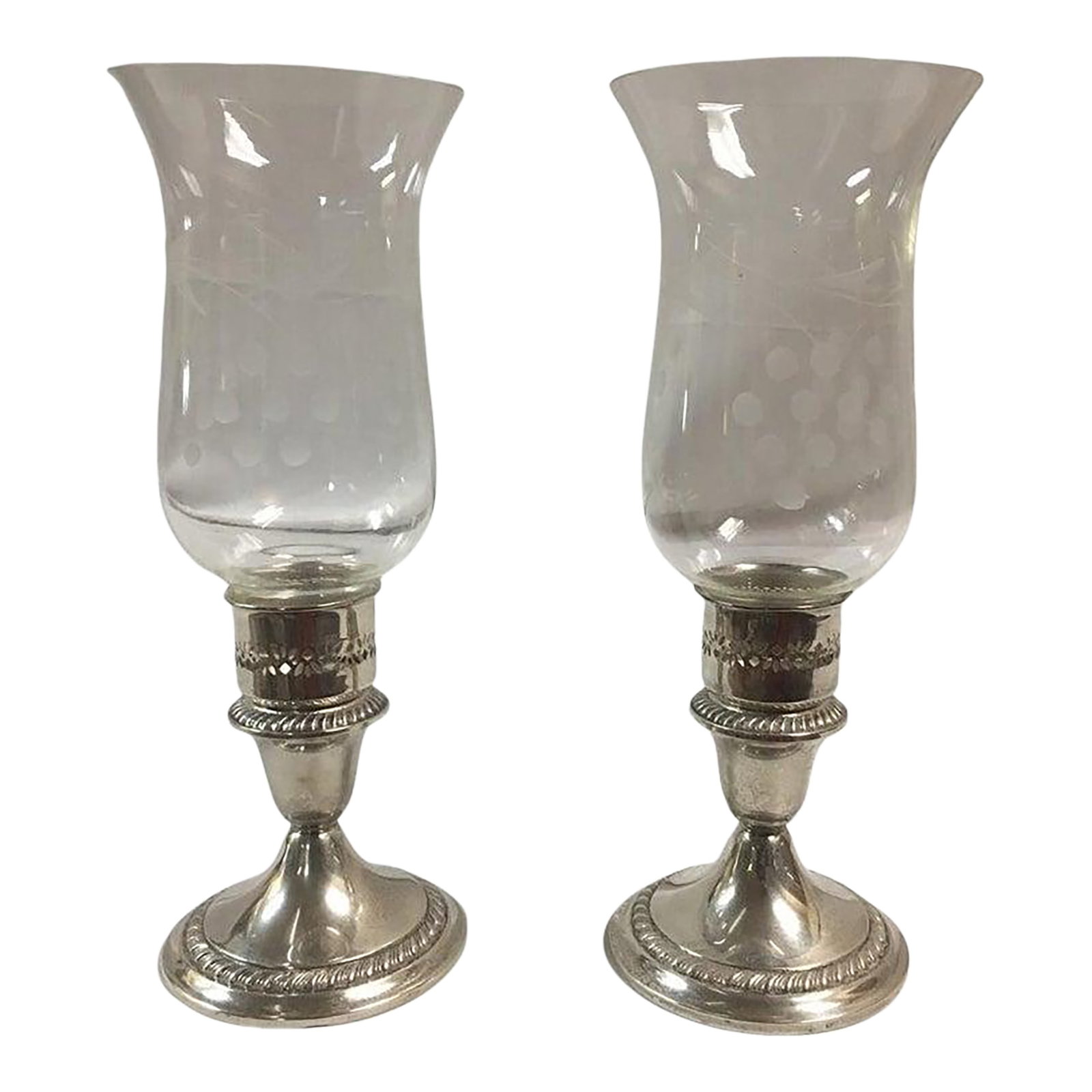 Gorham Sterling Silver Weighted Gadrooned Candleholder Pair W/ Glass Hurricanes: A lovely addition to any table. this classic American pair of sterling silver candlesticks feature decorative qadrooned borders around the edges and etched glass shades. The silver fittings for the