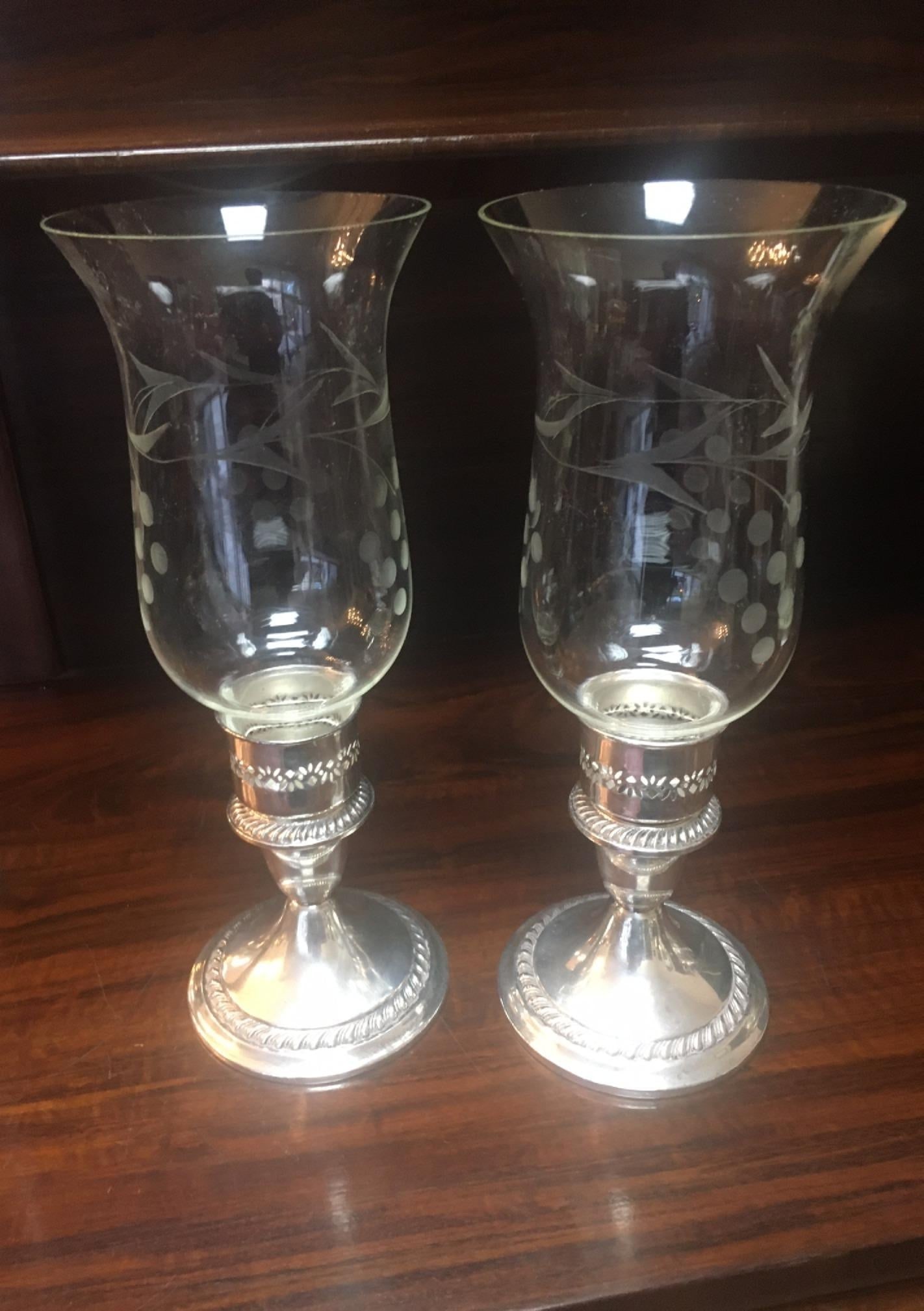 Gorham Sterling Silver Weighted Gadrooned Candleholder Pair W/ Glass Hurricanes - 2