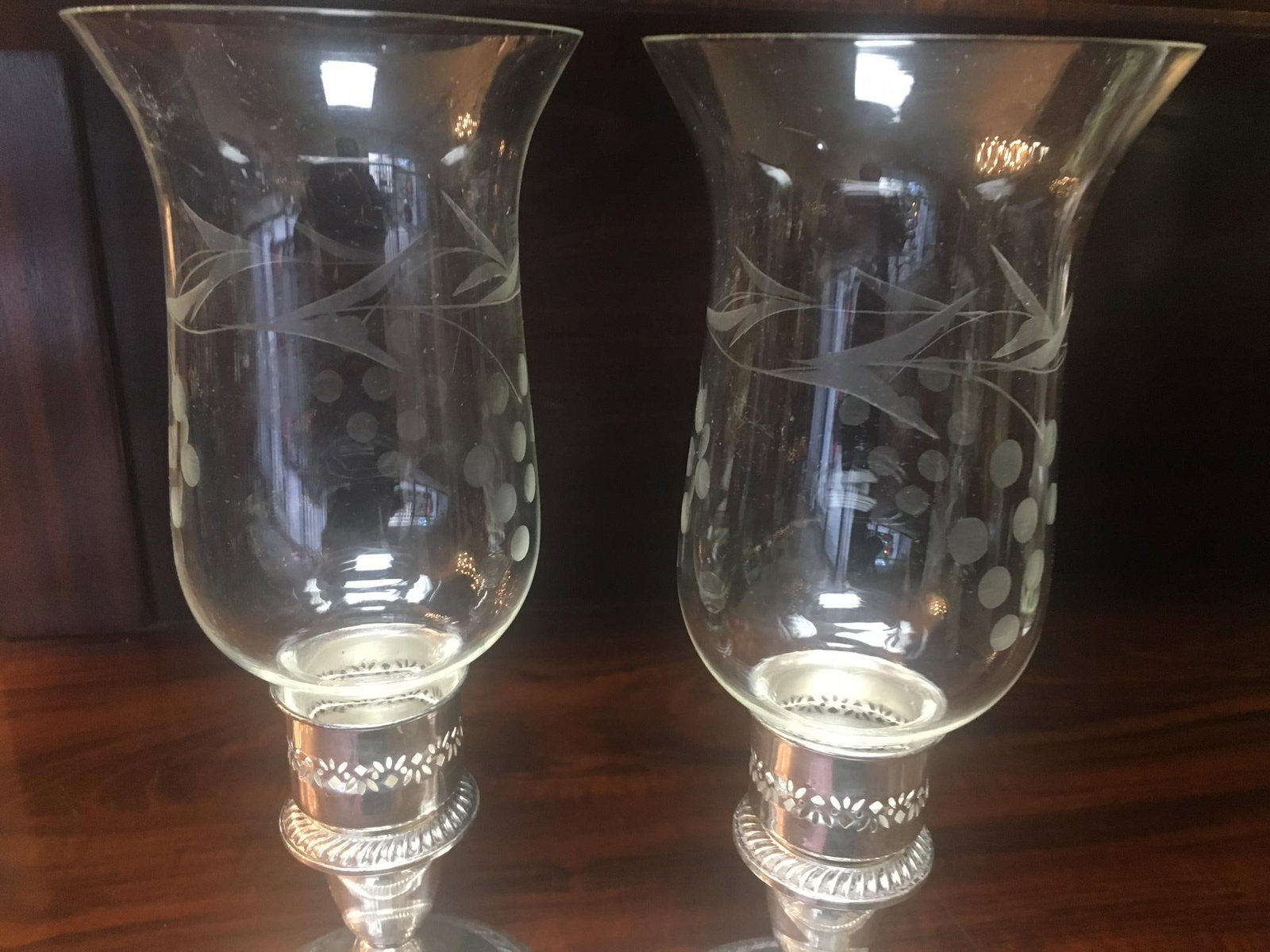 Gorham Sterling Silver Weighted Gadrooned Candleholder Pair W/ Glass Hurricanes - 7