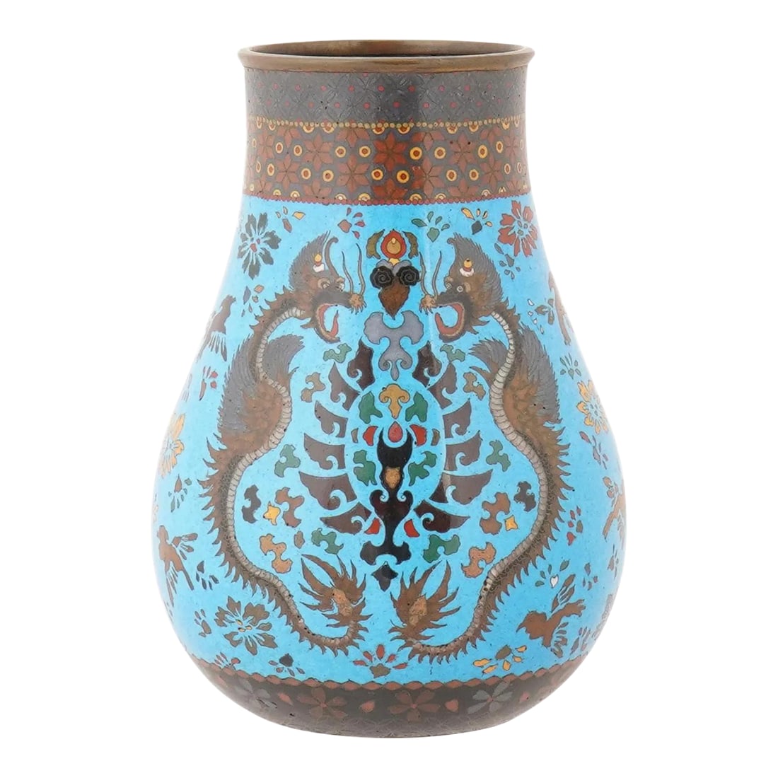 Antique Japanese Cloisonne Enamel Vase W Dragon Motif: An antique Chinese cloisonne enamel vase, decorated with a dynamic dragon motif. Executed in the traditional technique, the design features pairs of sinuous dragons pursuing a flaming pearl on a blue