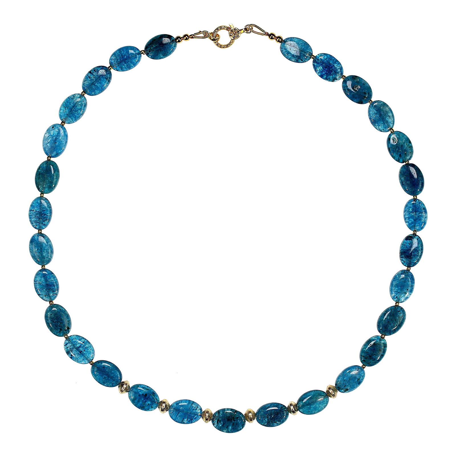 Ajd 19 Inch Smooth Oval Tablets of Glowing Apatite Necklace: This captivating 19"‘inch necklace showcases a strand of smooth, oval apatite tablets, each measuring approximately 14×11"¯mm and glowing with the stone's signature luminous blue. The