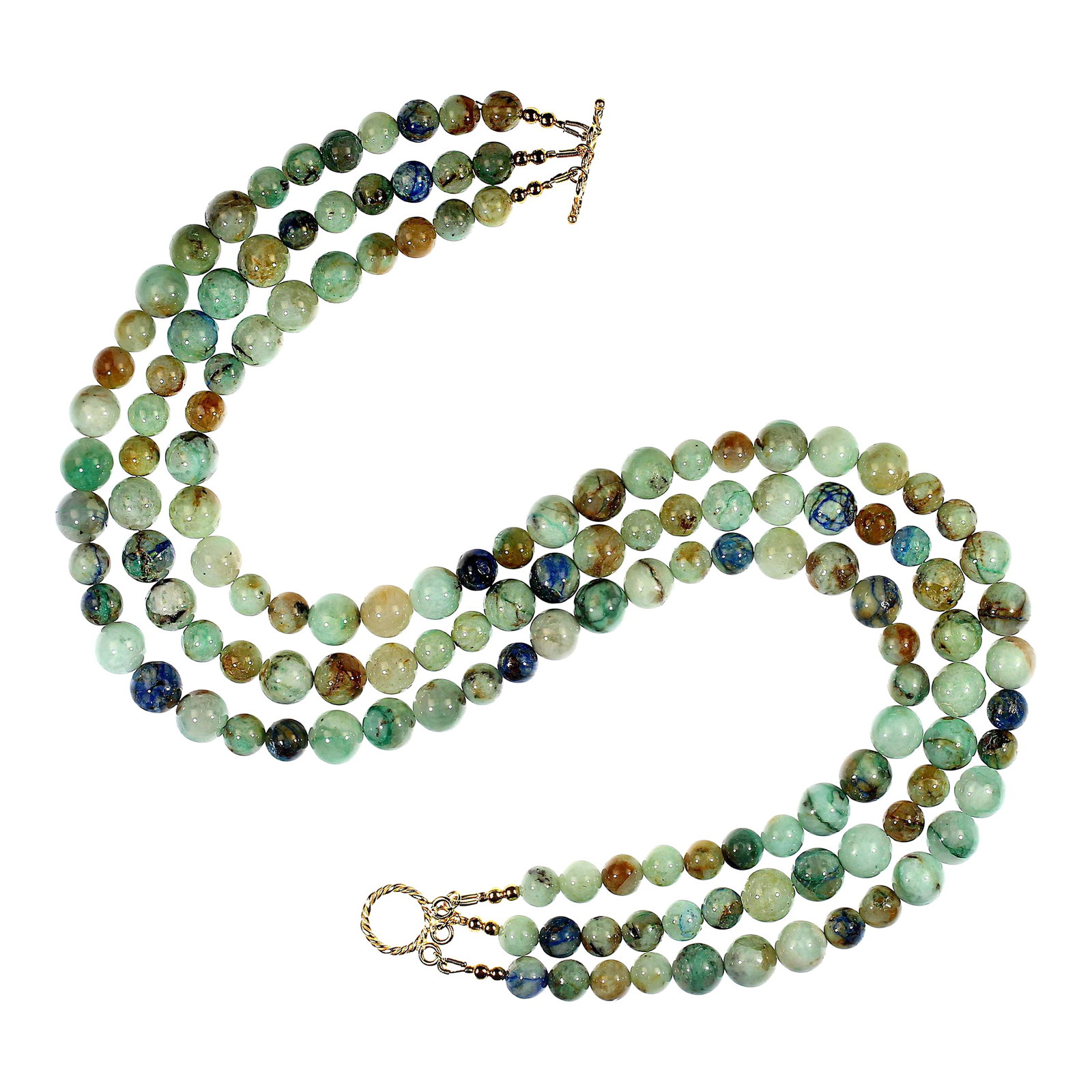 Ajd 17 Inch Three Strand Chrysocolla and Azurite Necklace: This 17"‘inch three"‘strand chrysocolla and azurite necklace becomes a standout piece the moment you put it on. The combination of these two natural gemstones creates a rich blend of deep