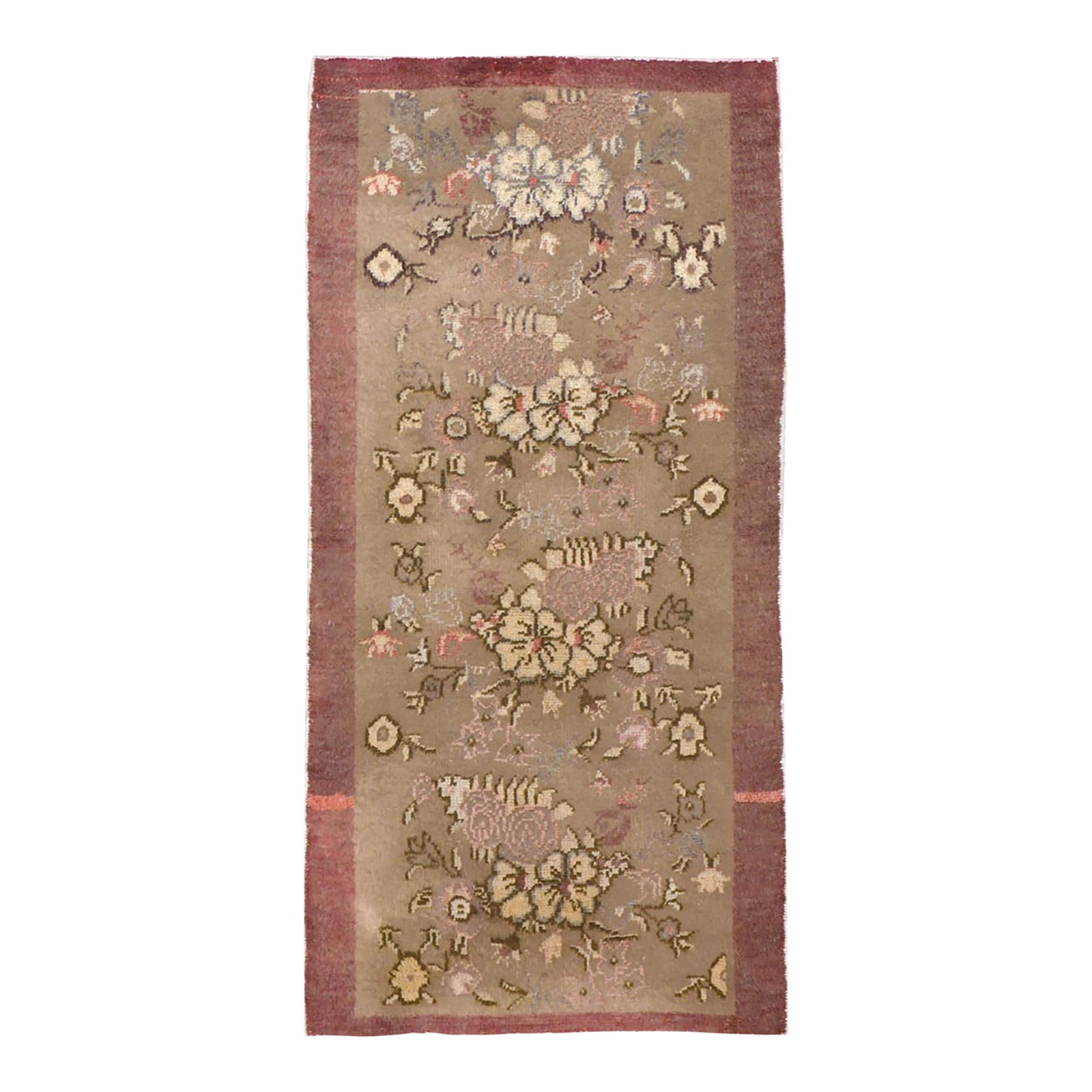 Galerie Shabab Collection Mid-20th Century Turkish Anatolian Throw Rug: A vintage Turkish Anatolian throw rug. Four bouquets of roses and other flowers switch orientations right and left as they progress up the field of this central Anatolian coarse wove, medium-high