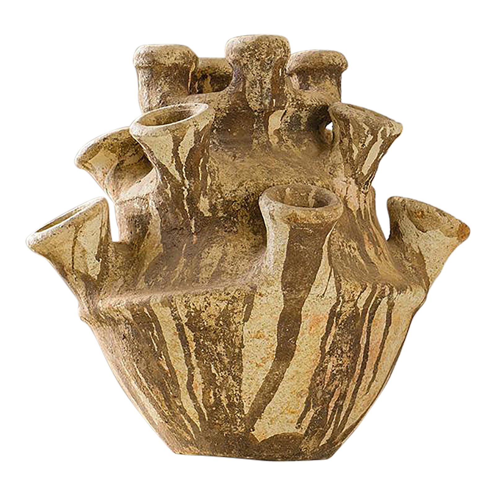 Unglazed Tamegroute Clay Sculptural Vessel – Morocco: This one-of-a-kind unglazed clay sculpture is handcrafted in Morocco using traditional Tamegroute techniques. Shaped entirely by hand from natural clay, it features multiple spouts and layered forms,