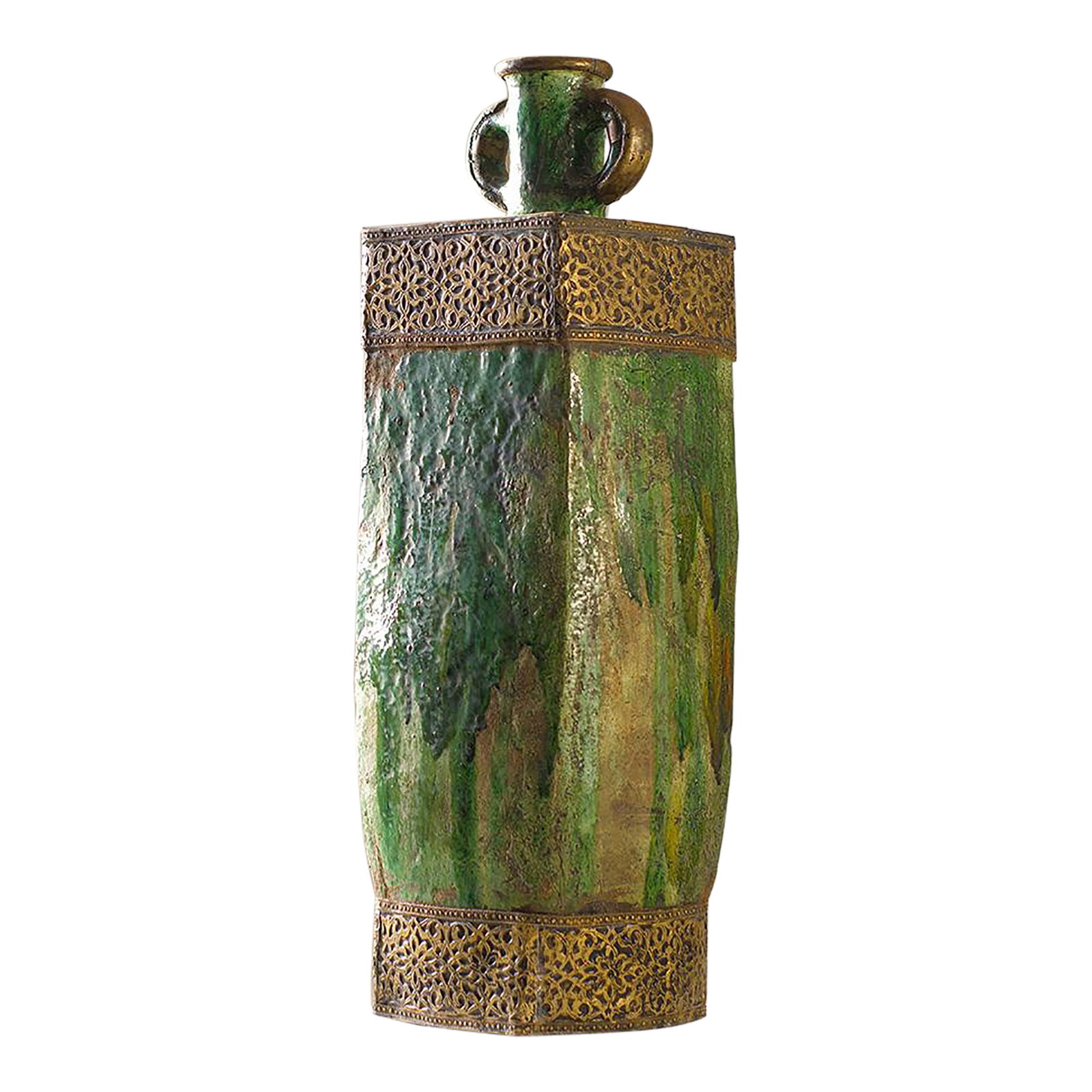 Moroccan Tamegroute Green Glazed Vase With Brass Detailing – Handmade Ceramic, One of a Kind: This handcrafted Tamegroute ceramic vase showcases a rich green glaze layered with natural variations, complemented by ornate brass detailing at the top and base. The sculpted form and subtle