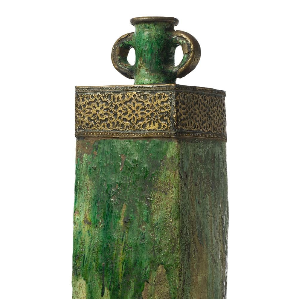 Moroccan Tamegroute Green Glazed Vase With Brass Detailing – Handmade Ceramic, One of a Kind - 2