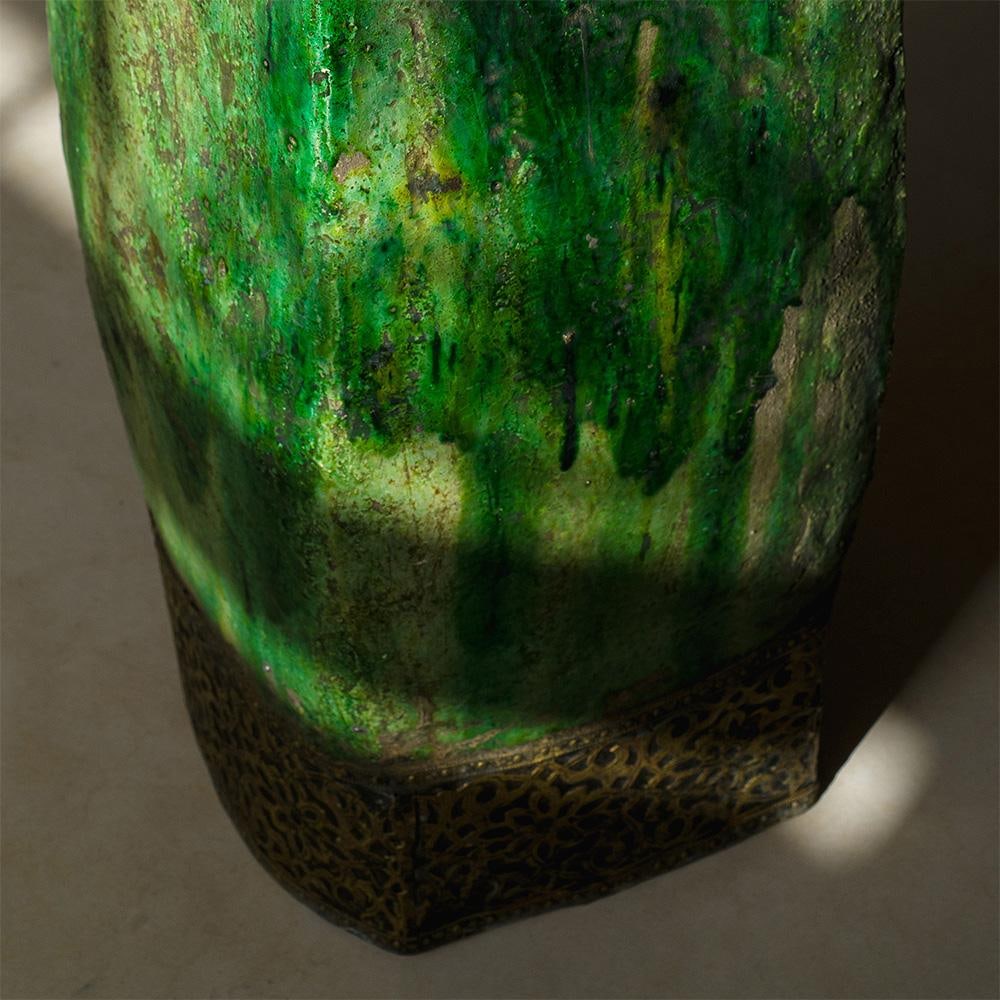Moroccan Tamegroute Green Glazed Vase With Brass Detailing – Handmade Ceramic, One of a Kind - 3