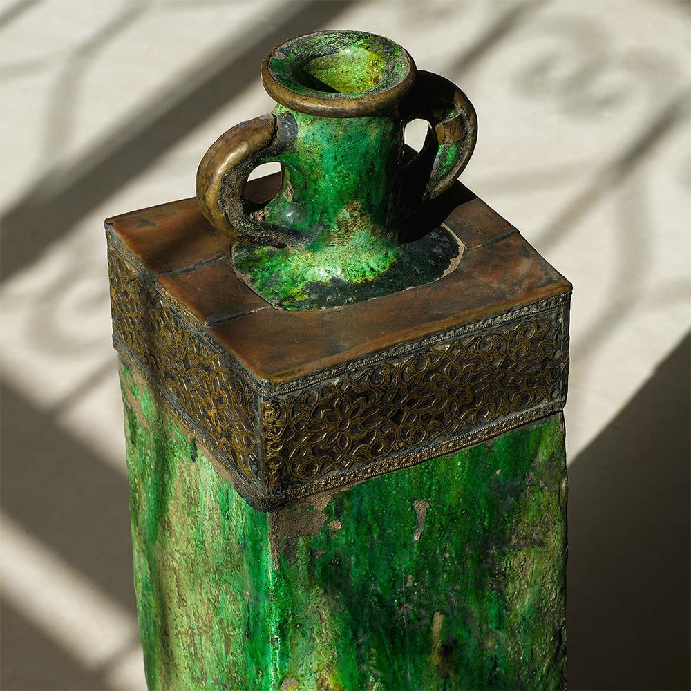 Moroccan Tamegroute Green Glazed Vase With Brass Detailing – Handmade Ceramic, One of a Kind - 4