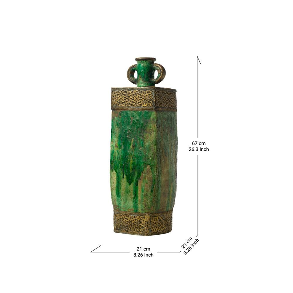 Moroccan Tamegroute Green Glazed Vase With Brass Detailing – Handmade Ceramic, One of a Kind - 5