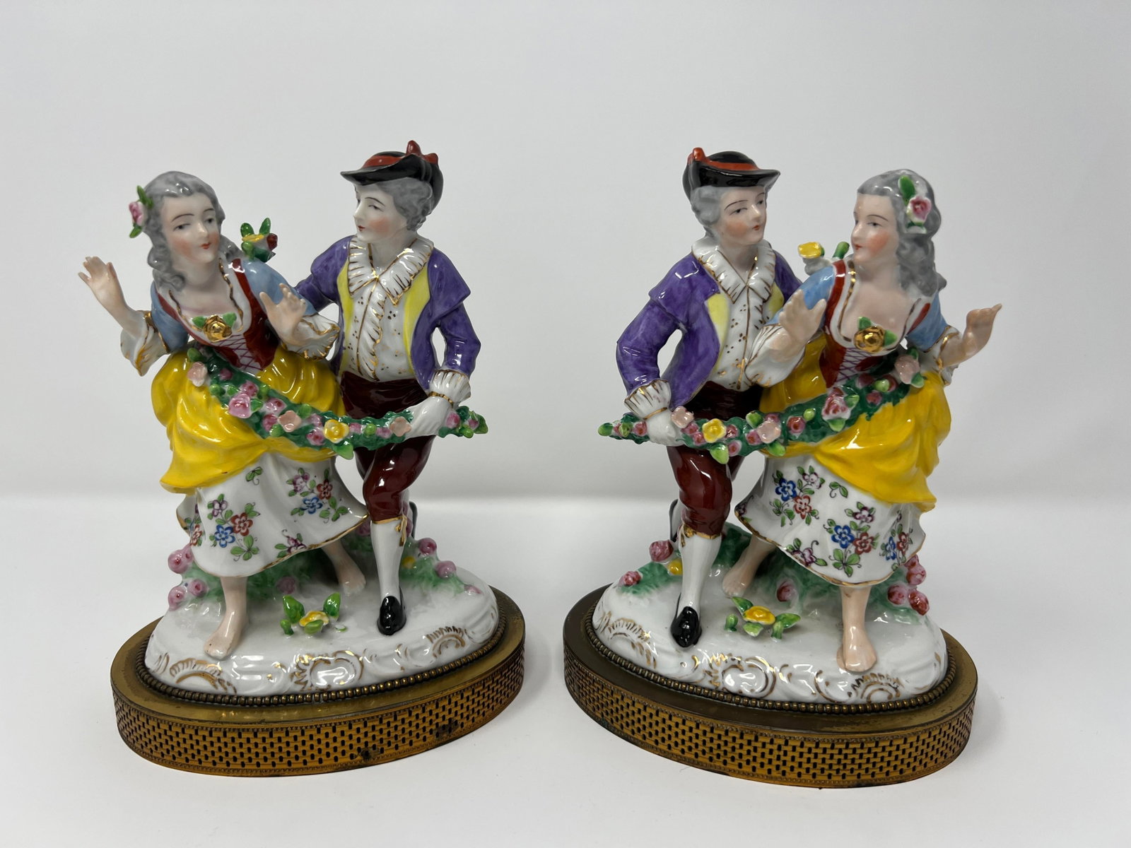 Pair of Dresden Style Porcelain Courting Couple Figurines on Pierced Metal Bases, Circa 1900 - 3