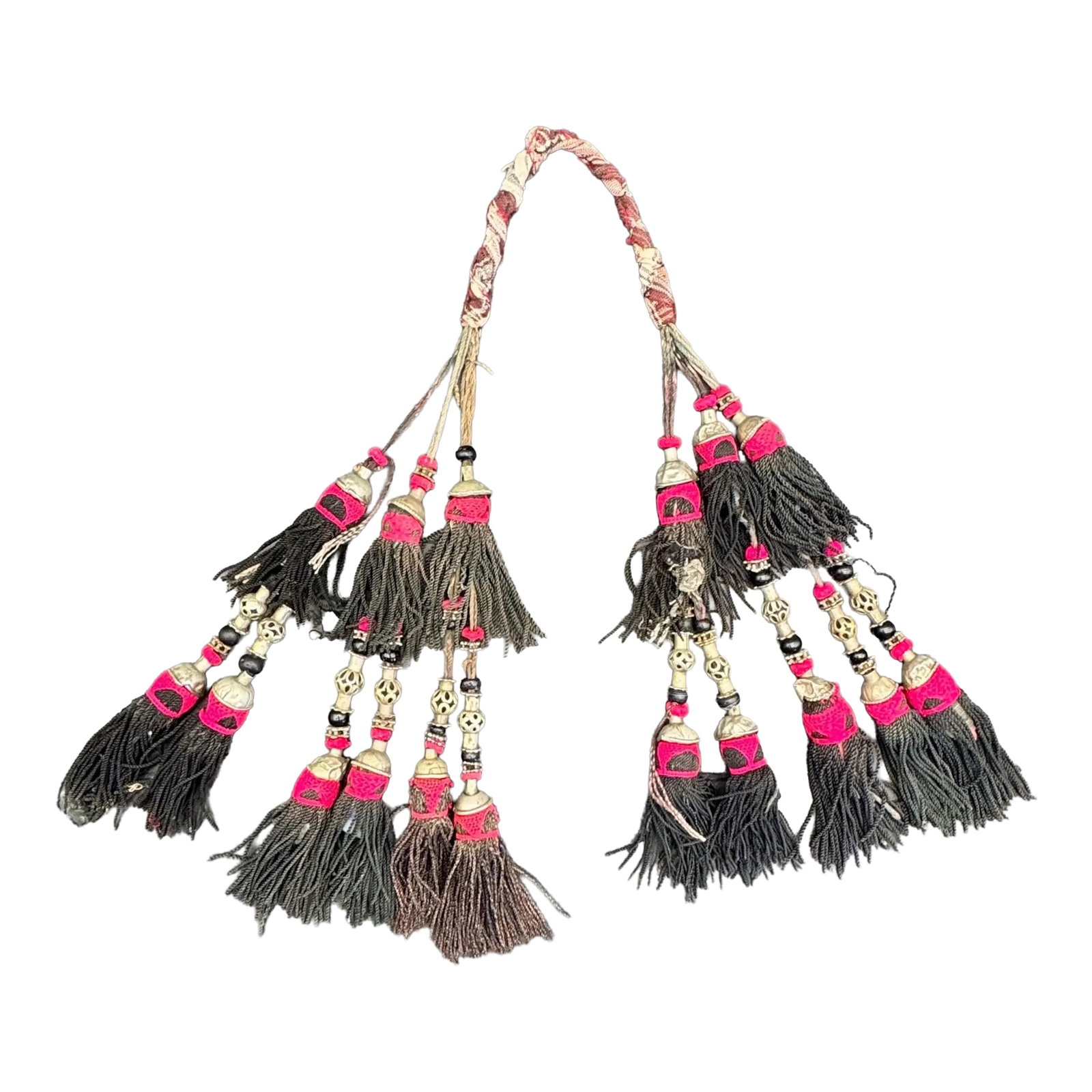 Antique Uzbek "Sequsha" Tassel, 19th C Uzbekistan: This antique Uzbek Segusha is a traditional decorative ornament originating from Uzbekistan, often created by nomadic tribes like the Lakai. The term "Segusha" means triangle. These pieces were tradit