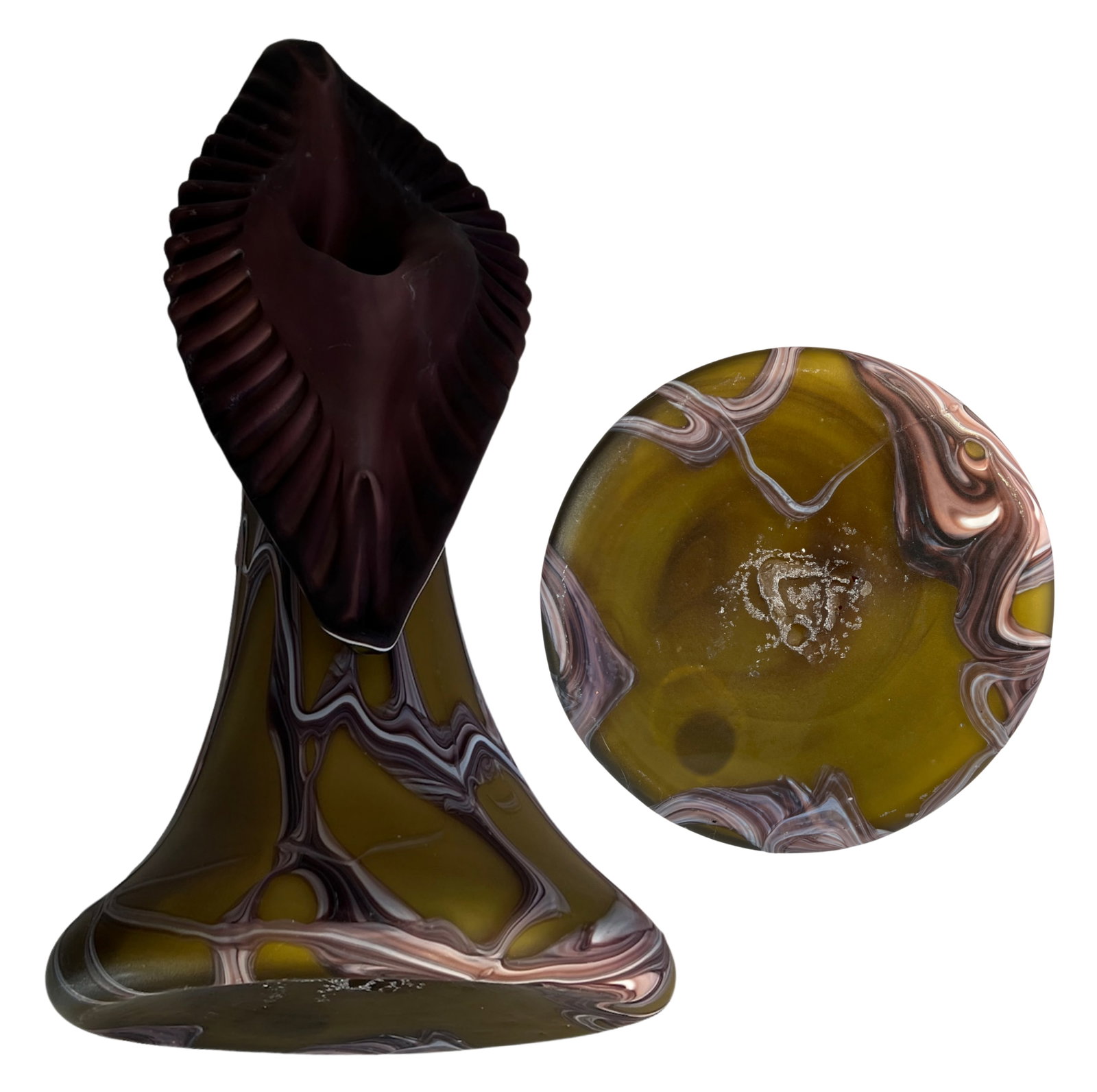 Vintage Essie Zareh Baijan Abstract Jack in the Pulpit Green & Brown Art Glass Vase - 17