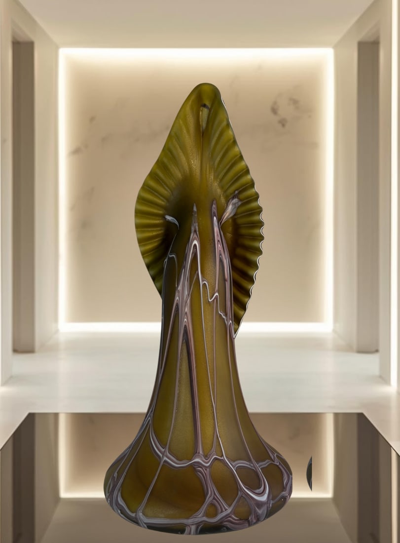 Vintage Essie Zareh Baijan Abstract Jack in the Pulpit Green & Brown Art Glass Vase - 6