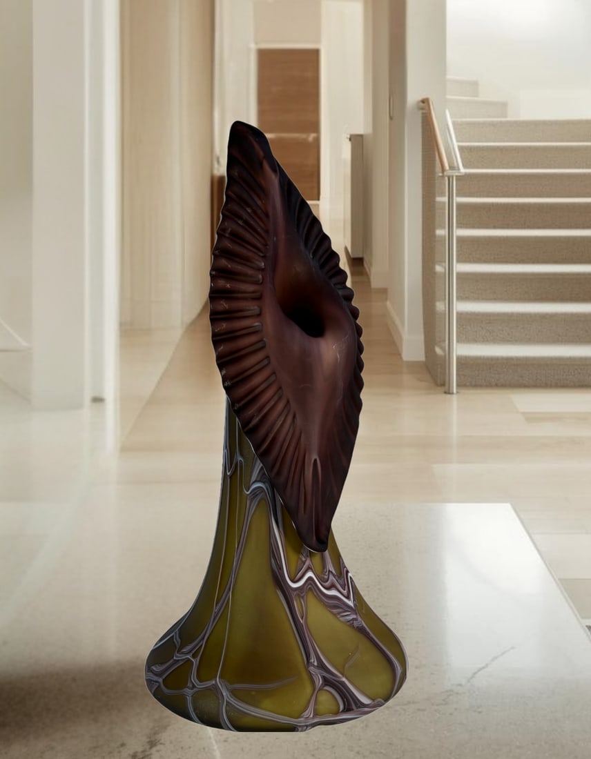 Vintage Essie Zareh Baijan Abstract Jack in the Pulpit Green & Brown Art Glass Vase - 8