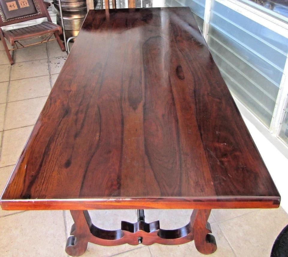 Vintage Spanish Catalan Trestle Dining Table With Lyre Legs and Iron Stretchers - 10