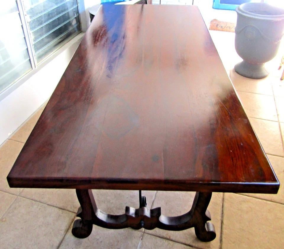Vintage Spanish Catalan Trestle Dining Table With Lyre Legs and Iron Stretchers - 11