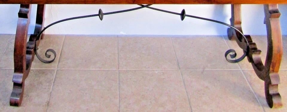 Vintage Spanish Catalan Trestle Dining Table With Lyre Legs and Iron Stretchers - 13
