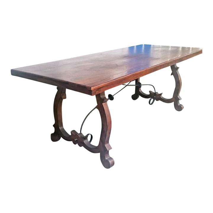 Vintage Spanish Catalan Trestle Dining Table With Lyre Legs and Iron Stretchers (1 of 15)