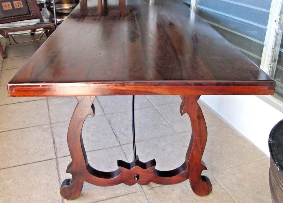 Vintage Spanish Catalan Trestle Dining Table With Lyre Legs and Iron Stretchers - 8
