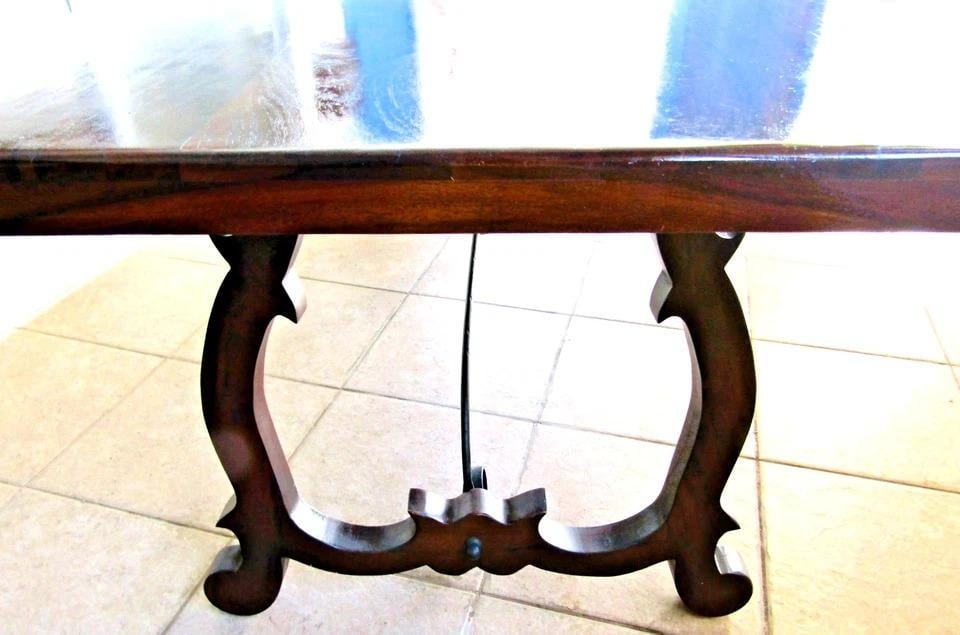 Vintage Spanish Catalan Trestle Dining Table With Lyre Legs and Iron Stretchers - 9