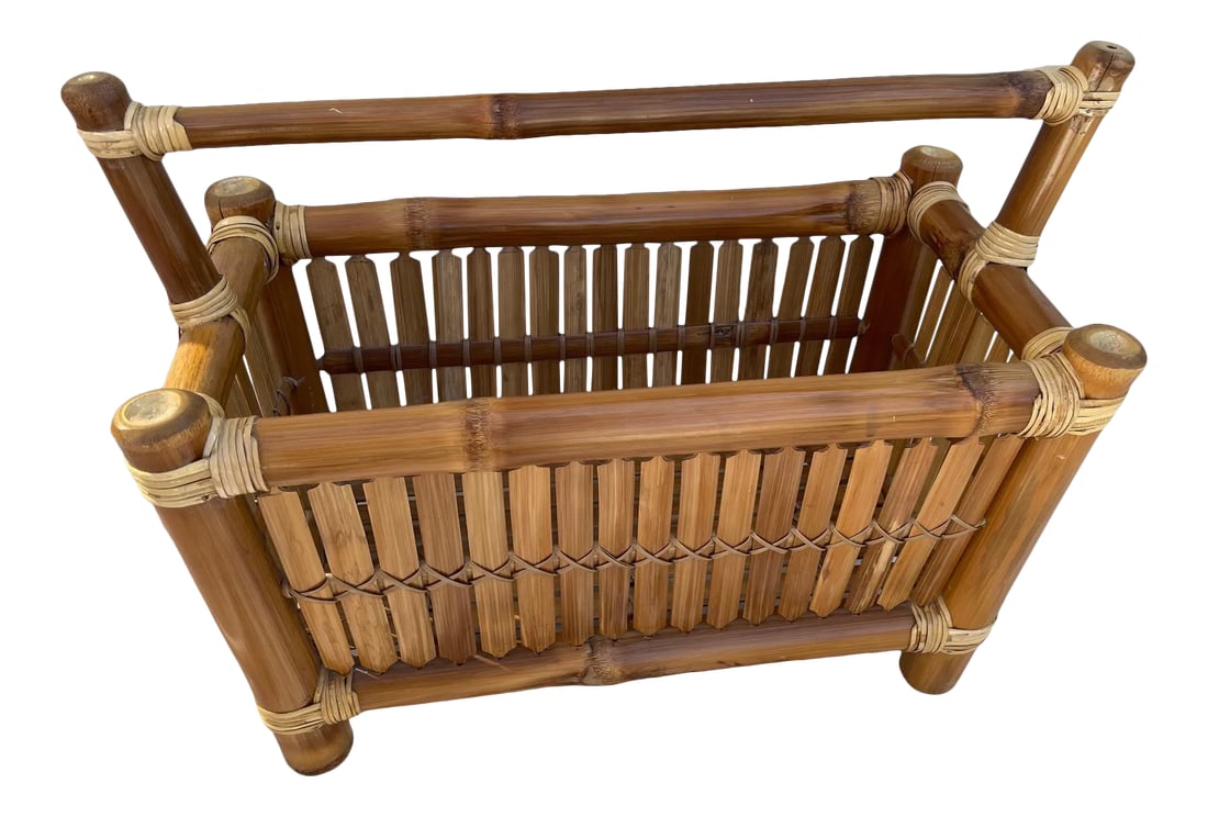 Vintage McGuire Inspired Mid-Century Modern Thick Bamboo Magazine Rack: Vintage McGuire inspired MCM Thick Bamboo Magazine Rack. Unique 2in thick bamboo with split bamboo sides. Very sturdy and perfect for large books and magazines 25in w x 12.5ind x 18in h to handle