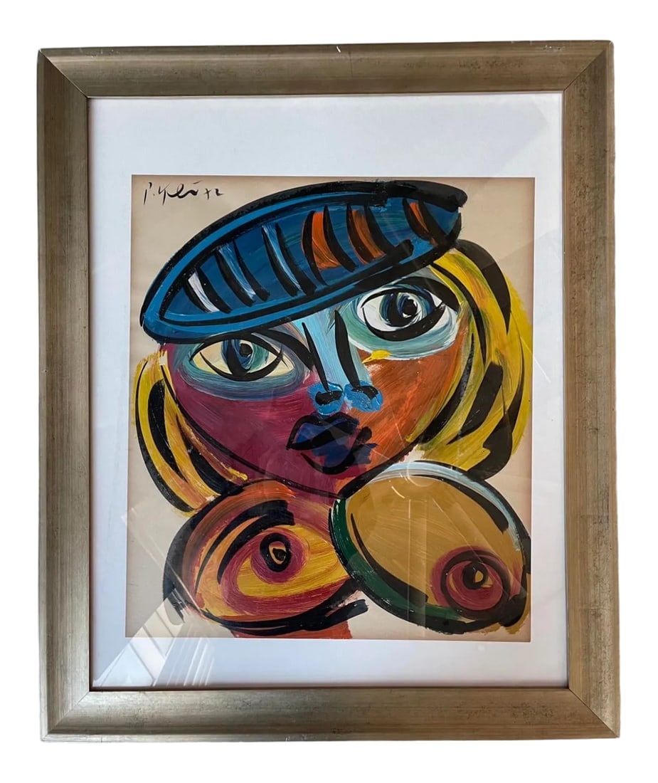 1970s Cubist Style Abstract Face Painting by Peter Keil, Framed: Peter Keil is a German artist that focuses primarily on abstract expressionism. Keil painted with some of the greats including Joan Miró, Pablo Picasso and Andy Warhol, to name a few. This is a