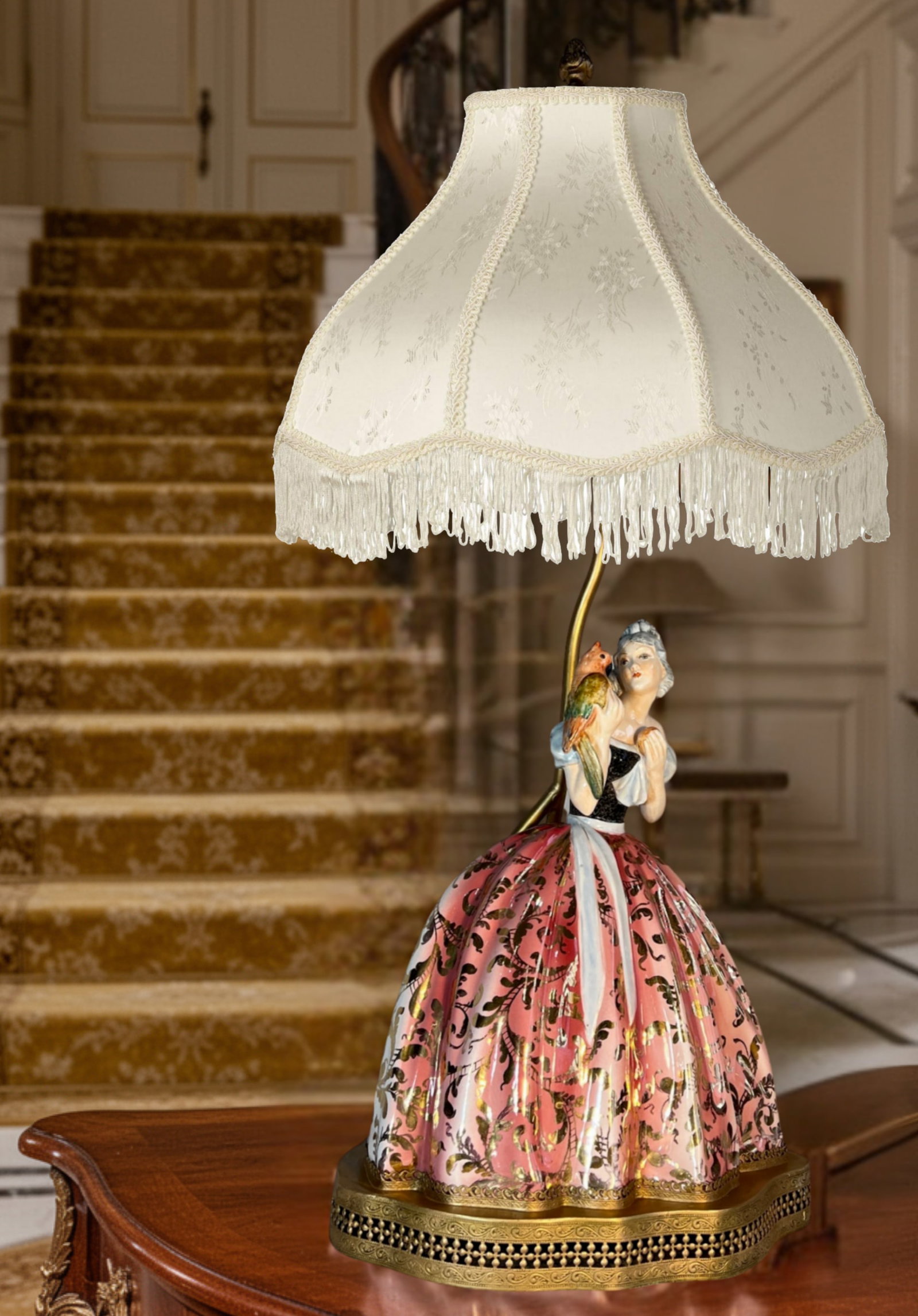 Bertolotti Capodimonte Signed Arturo Pannunzio Porcelain Rococo Lady With a Parrot Table Lamp - 14