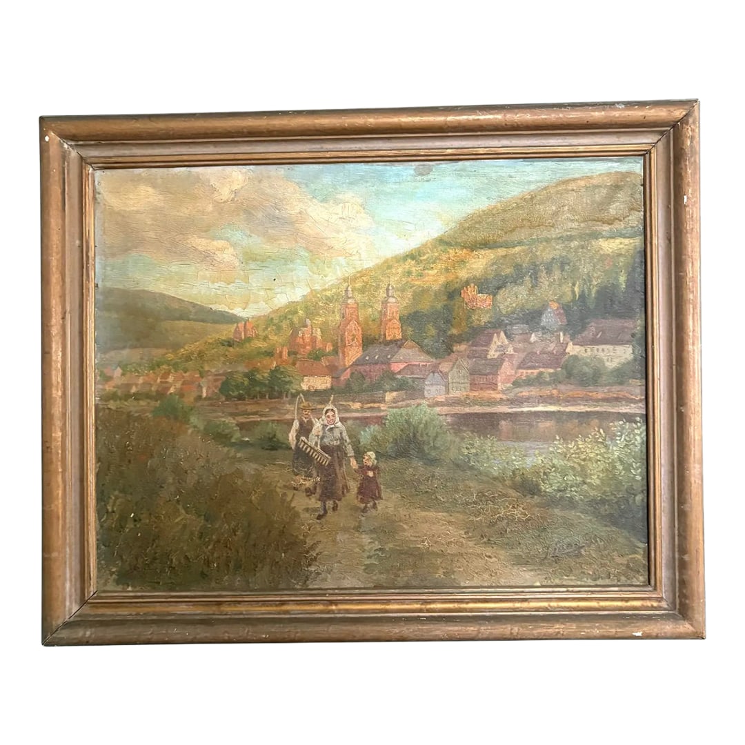 Antique Landscape Oil Painting on Canvas in Gold Wood Frame: Antique oil painting depicting a European village scene with figures in a rural landscape. Featuring realistic depictions of everyday village life. Condition: Alterations: Original Condition Unaltered