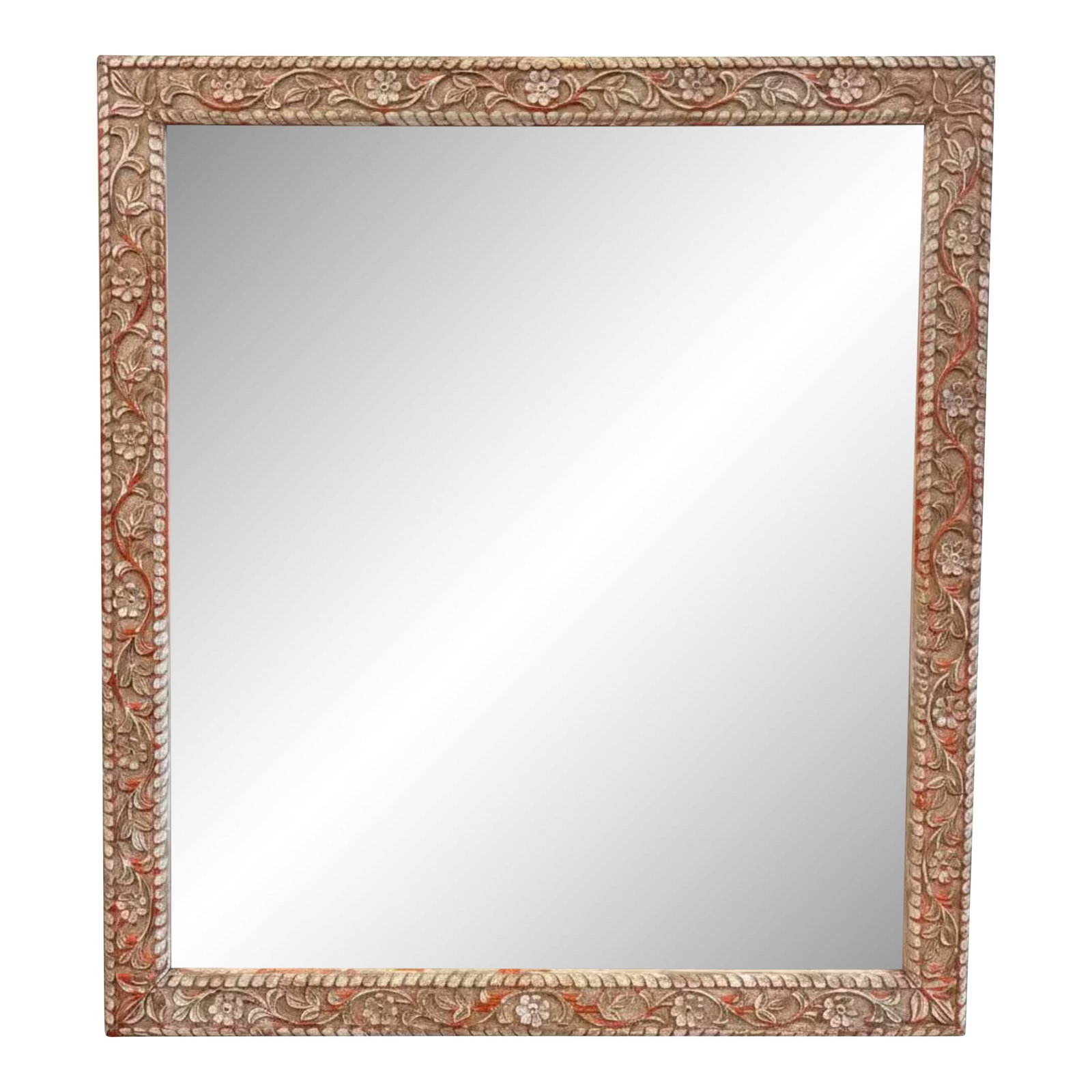 1980s Large Hand Carved Floral Wood Wall Mirror for Entryway | Distressed White Farmhouse Vanity Acc: Step into a world of timeless elegance with our Large Hand Carved Floral Wood Wall Mirror. This exquisite piece of rustic wall art is more than just a functional object; it is a storied treasure that 