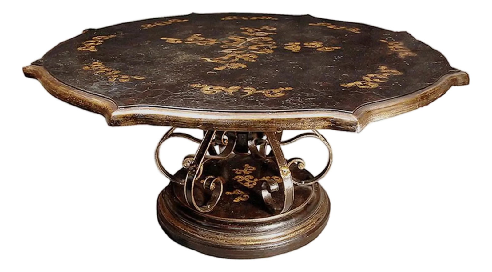 Victorian Style Vintage Black & Gold Hand-Painted Iron & Wood 6- Seater Dining Table: Dimensions: 66" W x 66" D x 30" H Make a statement with this one-of-a-kind 66" round scalloped top dining table, blending artistry, craftsmanship, and vintage elegance. The handmade pedestal base
