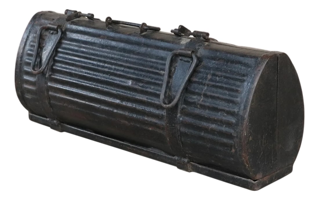 Antique Iron Gun Case 27" Large Storage Box | Rustic Vintage Metal Chest | Indian Royal Family Colle: Unveil a piece of storied history for your home with this magnificent Antique Iron Gun Case Box. Originally belonging to an Indian royal family in the early 1900s, this one-of-a-kind treasure carries