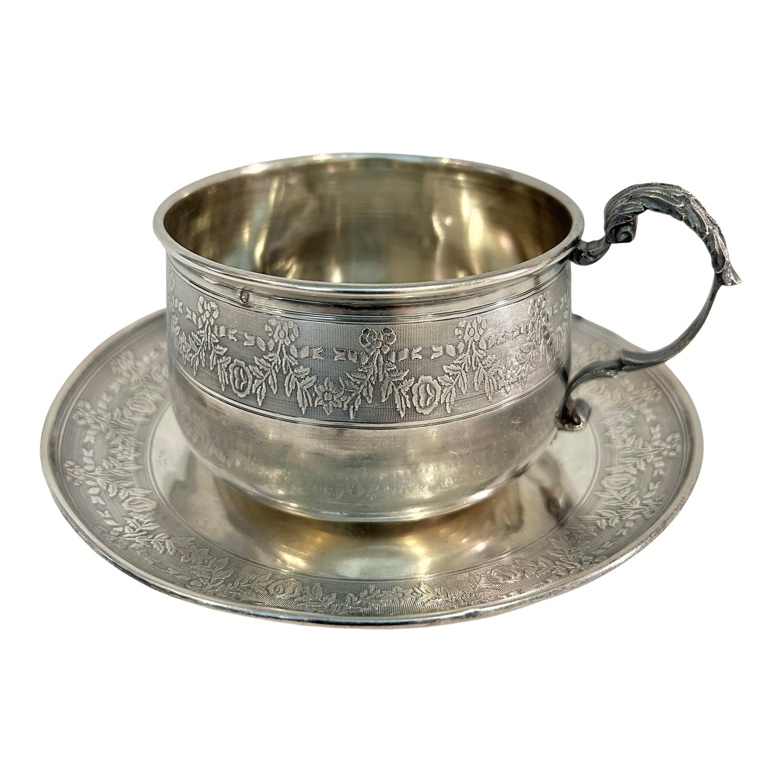 Antique French .950 Sterling Silver Chocolate Cup & Trembleuse Saucer, Minerva Hallmarks, Louis XVI: For the collector, this is an antique French .950 silver chocolate cup and trembleuse saucer, bearing Minerva assay marks along with additional workshop and assembly stamps, likely dating to the late