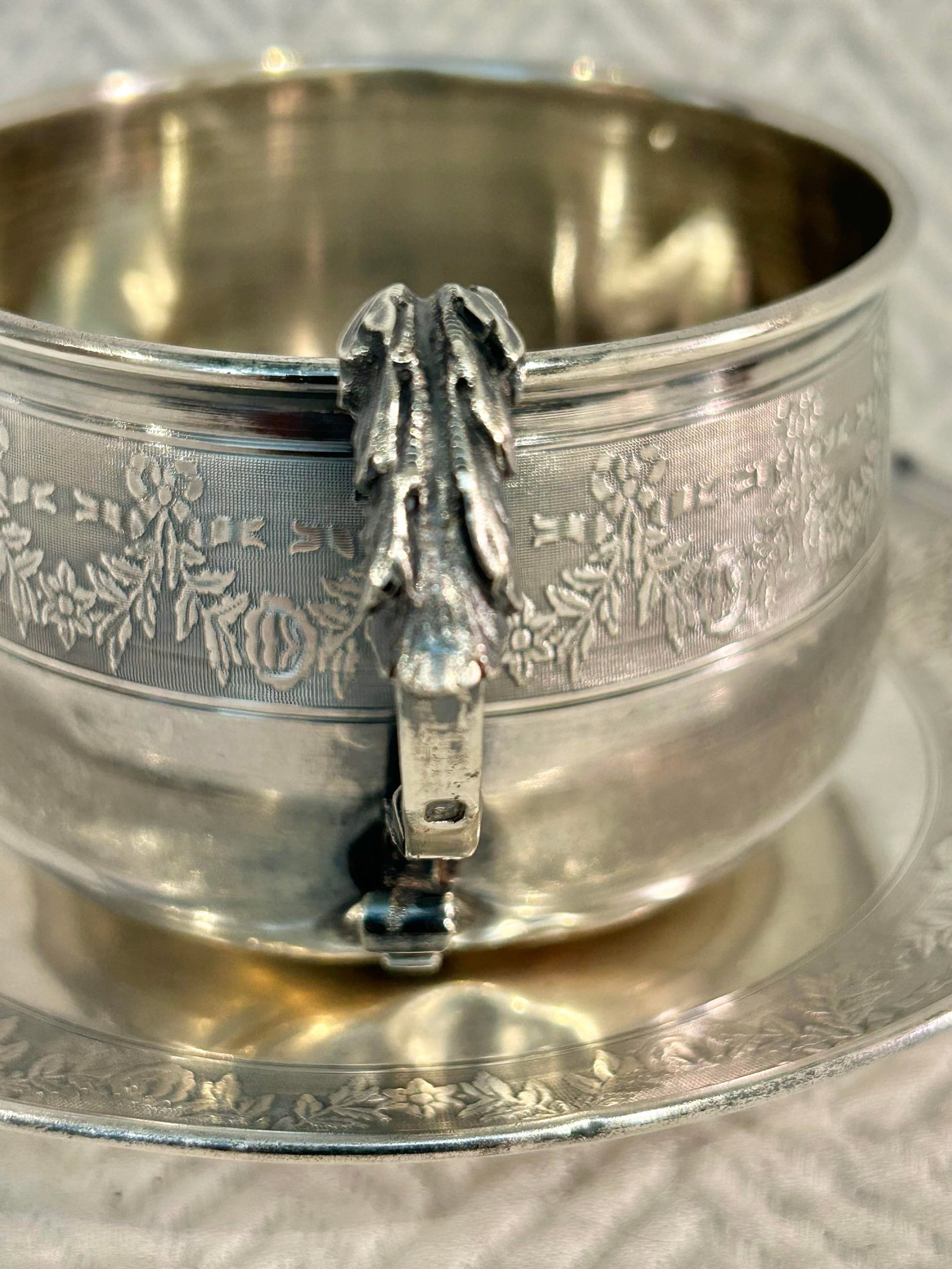 Antique French .950 Sterling Silver Chocolate Cup & Trembleuse Saucer, Minerva Hallmarks, Louis XVI - 4