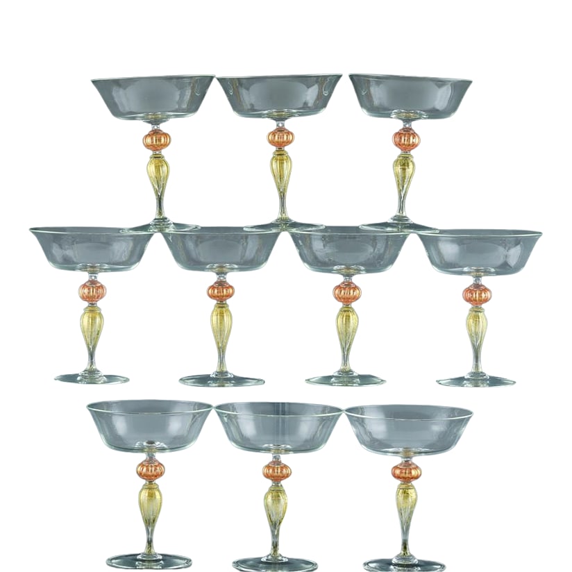Murano Renaissance-Inspired Art Glass Champagne Coupes-Set of Ten: Venetian Elegance: Set of Ten Murano Renaissance-inspired Art Glass Champagne Coupes Mid-to-Late 20th Century This exquisite set of ten Murano art glass champagne coupes is a stunning example of