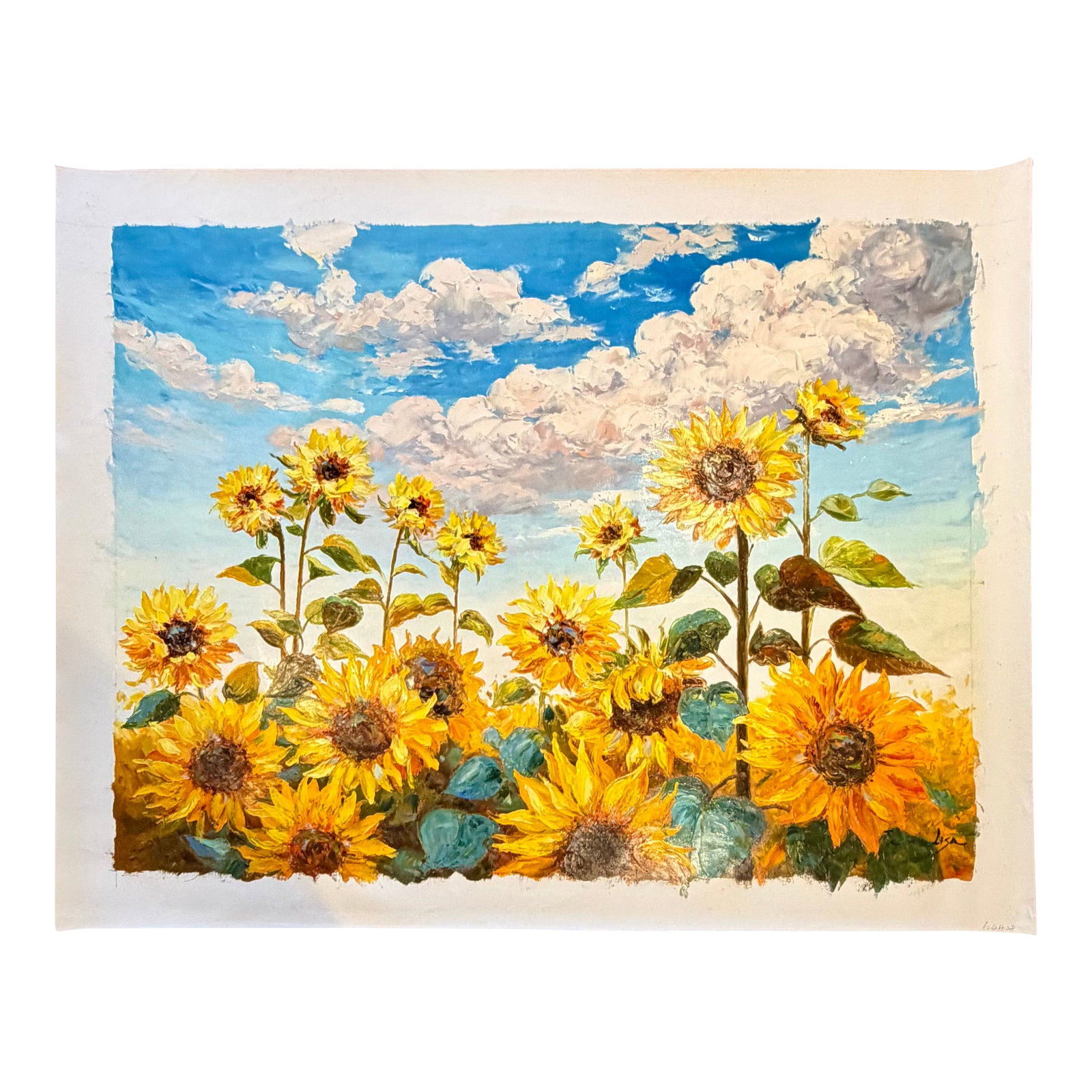 Sunflower Field Under Blue Skies "” Original Oil Painting, Unstretched, 30" × 40": A radiant, textured original oil painting capturing a sun-drenched field of sunflowers beneath billowing summer clouds. Signed original by artist Jamie Lisa. Bold palette knife work brings each bloom