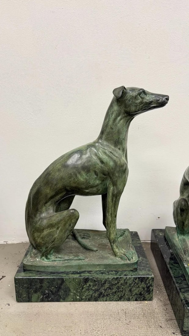 Pair of Bronze Greyhound Dog Sculptures on Marble Bases - 10