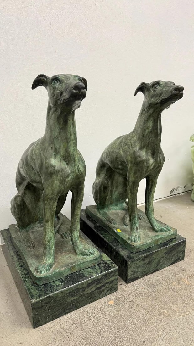 Pair of Bronze Greyhound Dog Sculptures on Marble Bases - 11
