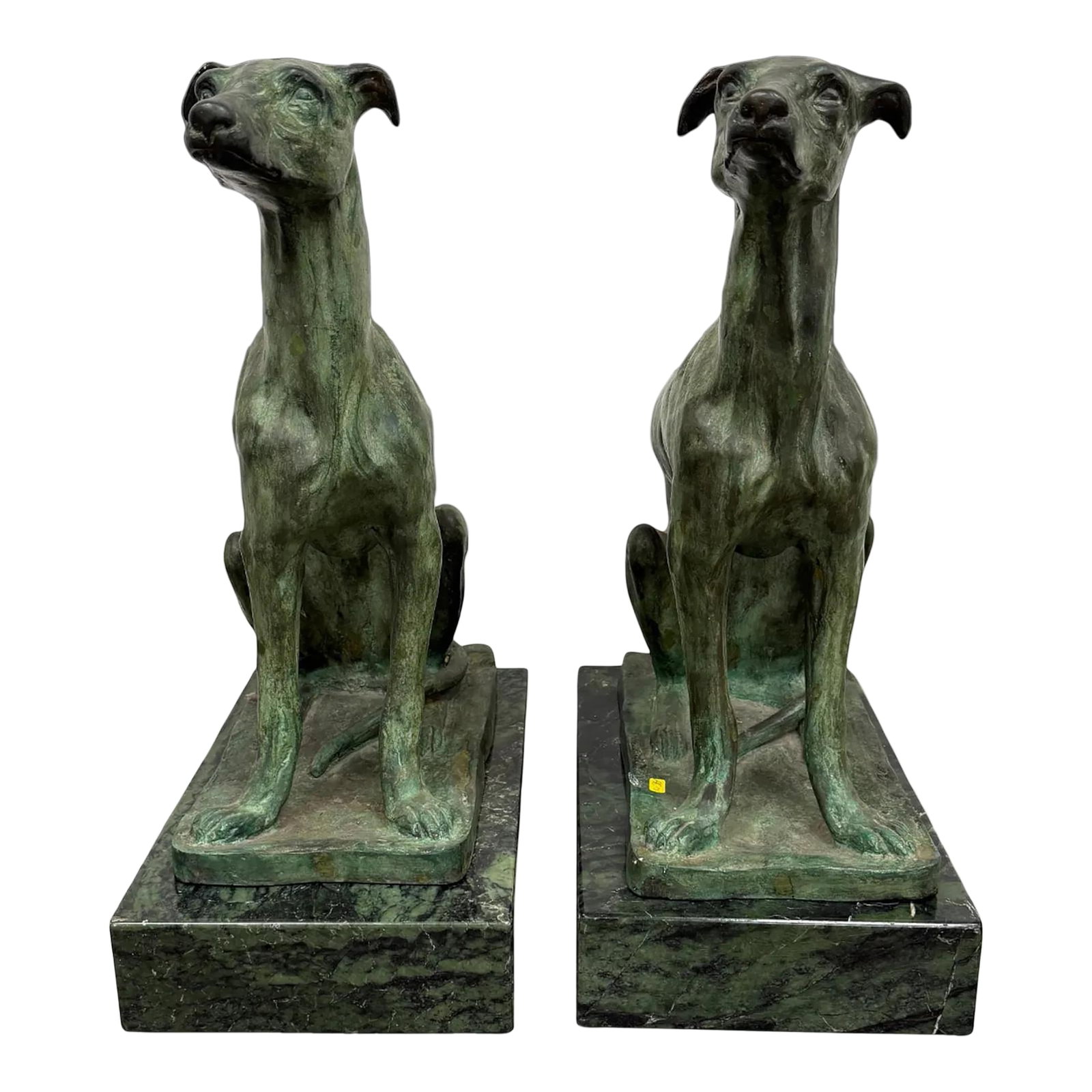 Pair of Bronze Greyhound Dog Sculptures on Marble Bases: Fine pair of cast bronze greyhound figures seated upright, each with realistic musculature and elegant proportion. Mounted on polished green marble bases. Early to mid-20th century. 26" inches