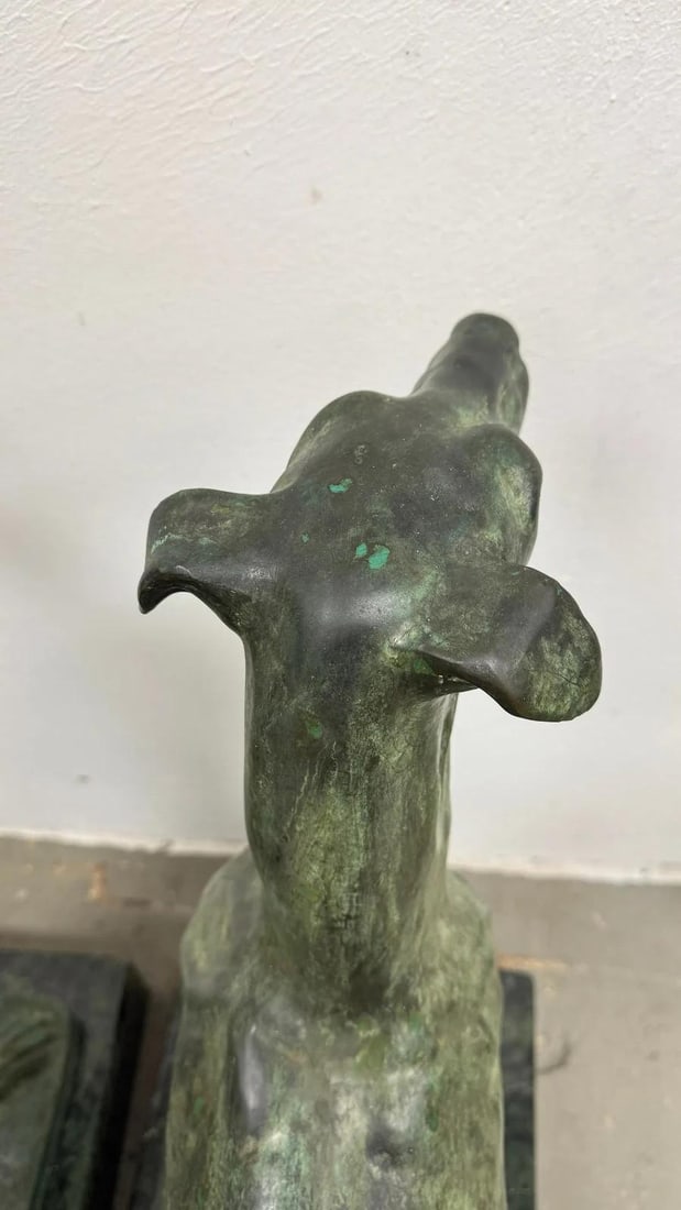 Pair of Bronze Greyhound Dog Sculptures on Marble Bases - 3