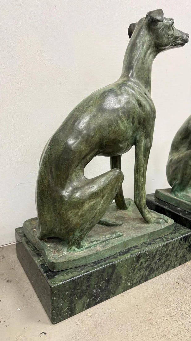 Pair of Bronze Greyhound Dog Sculptures on Marble Bases - 4