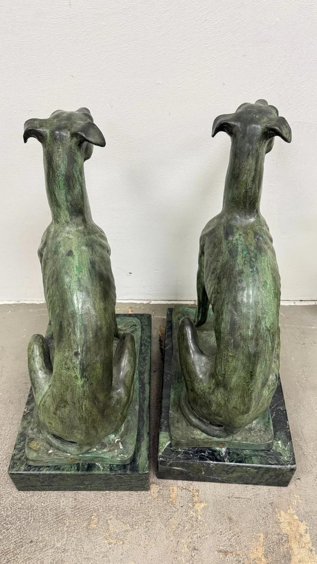 Pair of Bronze Greyhound Dog Sculptures on Marble Bases - 5