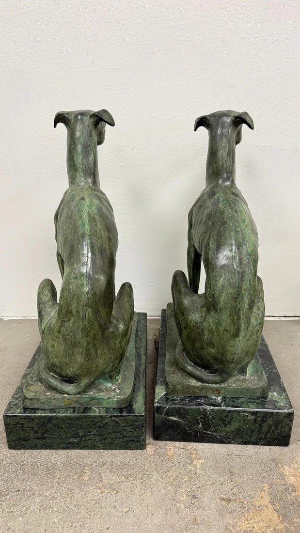 Pair of Bronze Greyhound Dog Sculptures on Marble Bases - 6