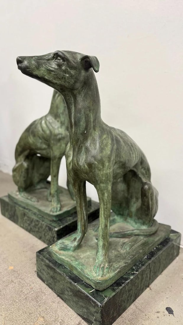 Pair of Bronze Greyhound Dog Sculptures on Marble Bases - 8