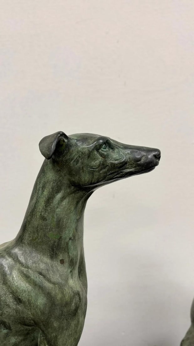 Pair of Bronze Greyhound Dog Sculptures on Marble Bases - 9